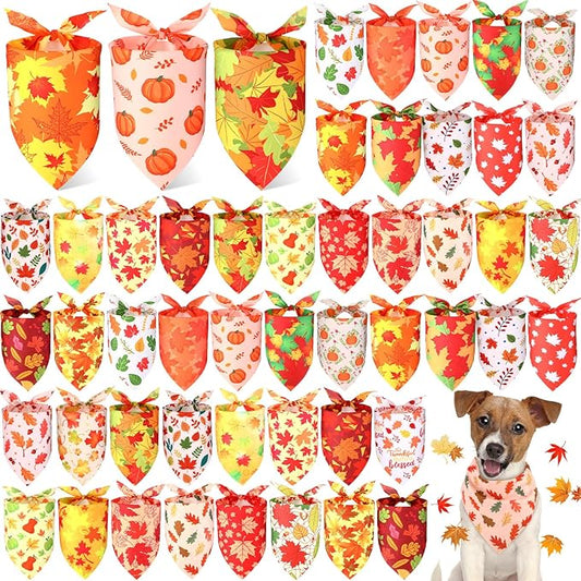 Preboun 50 Pcs Fall Pumpkin Dog Bandana Bulk Maple Leaves Bandana for Dogs Triangle Kerchief Bib Scarf for Small Medium Large Pet Thanksgiving Costume Accessories, 25 Styles (19.7 x 13.8 x 13.8 Inch)