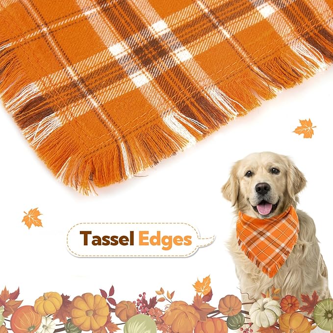 Kytely Thanksgiving Fall Dog Bandana 2 Pack, Autumn Dog Bandanas X-Large, Orange Plaid Pet Scarf for Boy and Girl, Holiday Halloween Reversible Triangle Bibs Accessories for Dogs Pets