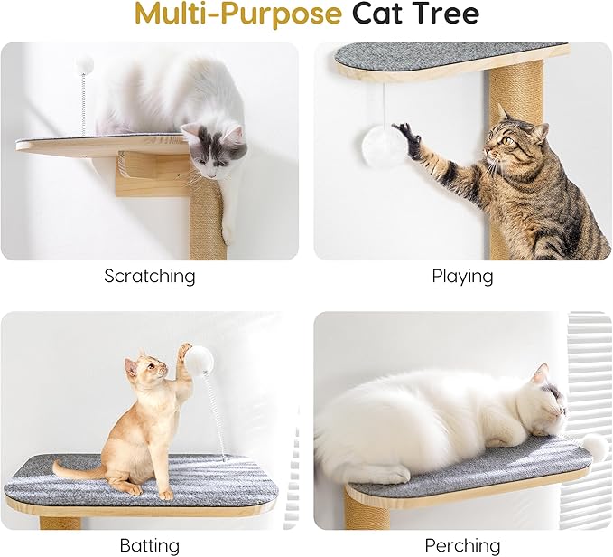Wall Mounted Cat Tree for Kittens & Small Cats, 4-Tier Cat Wall Climber with Adjustable Grey Felt Platforms, Cat Shelves & Furniture, 49” Tall for Under 30lbs