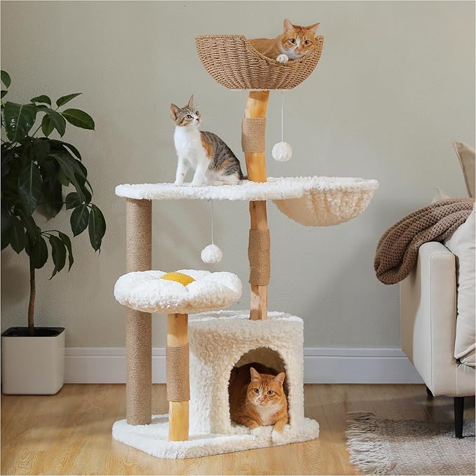 PEQULTI 48.5'' Modern Cat Tree Solid Wood Cat Tower for Indoor Cats with Luxury Cat Condo, Cozy Hammock, Scratching Post, Rattan Perch and Flower Cat Bed for Large Cats Adult, White