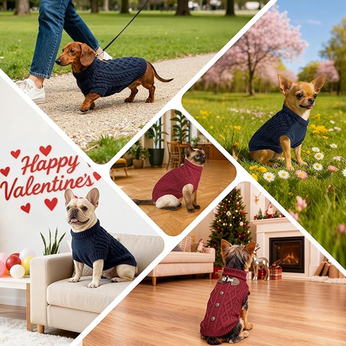 WOYYHO Cozy Pullover Dog Sweaters for Medium Dogs, Cable Knit with Cow Horn Buttons, Warm Round Neck Winter Clothes for Puppy Dachshund French Bulldog, Red XL