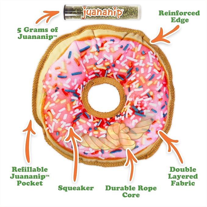 Doggijuana Tuffer Chewer Plush Dog Toy | Funny Dog Toy Plush with Juananip Catnip for Dogs | Calming Aid for Dogs | Interactive Squeaky Chew Toy for Play (Sprinkled Donut)