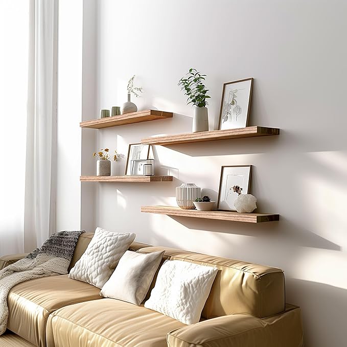 Light Wood Floating Shelves for Wall Rustic Wall Shelf for Bedroom Living Room Set of 6