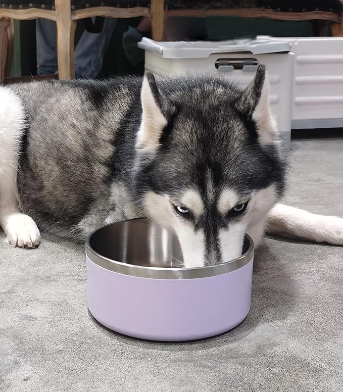 Dog Bowl, Stainless Steel Dog Food and Water Bowl with Non Slip Quiet Bottom, Easy to Clean, Dishwasher Safe, 64oz, Light Purple