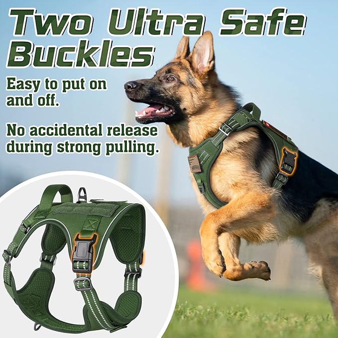rabbitgoo Tactical Dog Harness for Large Dogs, No Pull Military Service Vest with Handle & Molle, Easy Control for Training Walking, Adjustable Reflective Straps, Green, L