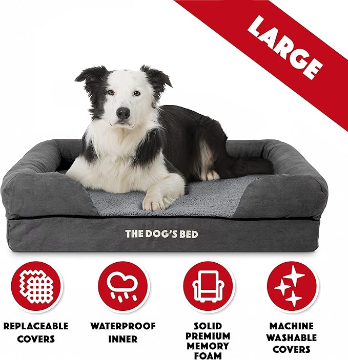 The Dog’s Bed, Large Grey Plush Memory Foam, Pain Relief: Arthritis, Hip & Elbow Dysplasia, Post Surgery, Lameness, Supportive, Calming, Waterproof Washable Cover
