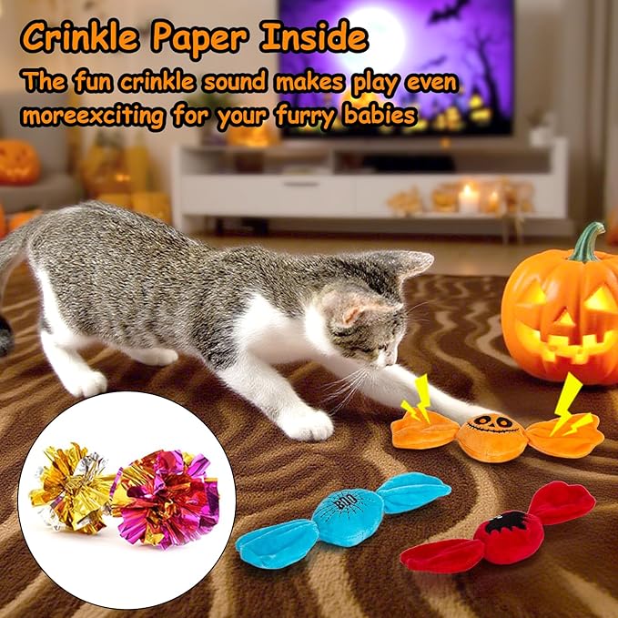 Retro Shaw Halloween Cat Toys,3PCS Candy Catnip Toys with Crinkle Sound Inside,Sweet Treats Cat Toy, Trick or Treat for Halloween Kitten Toys,Interactive Indoor Kitty Kicker for All Breeds
