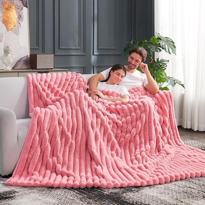 Cozy Bliss Faux Fur Throw Blanket for Couch, Cozy Warm Plush Striped Blanket for Sofa Bedroom Living Room, 50 * 60 Inches Hot Pink