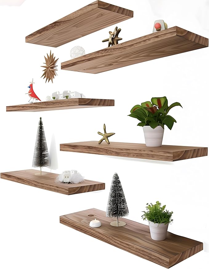 Light Wood Floating Shelves for Wall Rustic Wall Shelf for Bedroom Living Room Set of 6