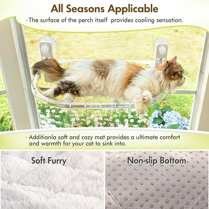 AMOSIJOY Transparent Cat Window Perch, Easy to Install & Clean Cat Hammock with 4 Enlarged Suction Cups for Large Cats, Panoramic Space Capsule Window Seat with Cozy Furry Mat