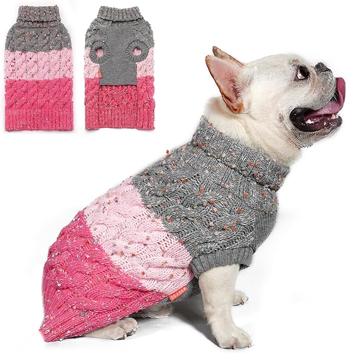 KYEESE Dog Sweater Color Block with Fuzzy Thread Knitted Turtleneck Pet Knitwear with dots in a Variety of Colors for Small Dogs Fall Winter Dogs Clothes, Pink, S