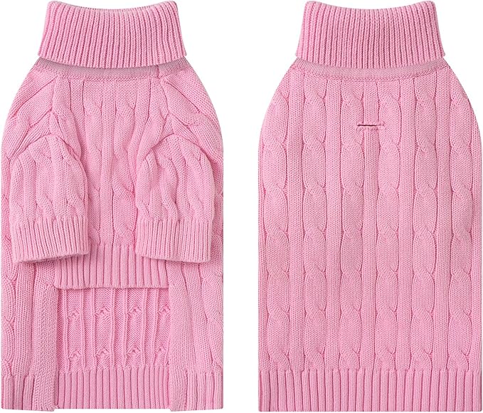 Small Dog Thermal Pullover Sweater, Classic Turtleneck Cable Knitwear Dog Clothes for Cold Weather Warm Pet Clothes for Chihuahua, Bulldog, Dachshund, Pug Pink Large