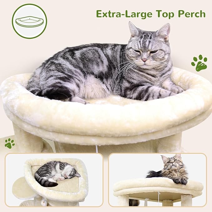 Globlazer Corner Cat Tree for Large Cats, 66inch Tall Curved Series Large Cat Tower for Multiple Indoor Cats with 6 Scratching Posts, 2 Spacious Cat Condos, Hammock, Hanging Basket, C66, Beige
