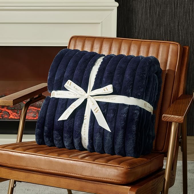 Amélie Home Faux Fur Throw Blanket for Couch, Cozy Fuzzy Fluffy Fur Luxurious Soft Striped Plush Gift Blankets for Family Sofa Chair Bedroom, 55"x70", Navy Blue