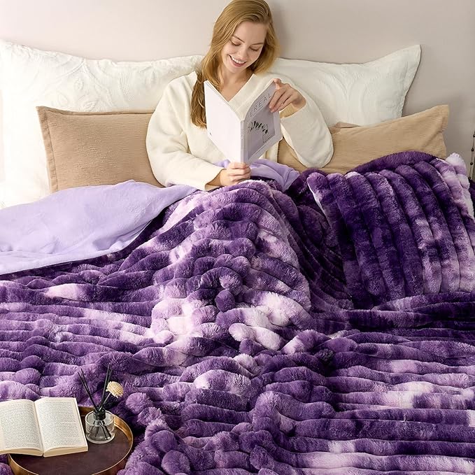 Cozy Bliss Faux Fur Throw Blanket for Couch, Cozy Warm Plush Striped Blanket for Sofa Bedroom Living Room, 60 * 80 Inches Tie-dye Purple