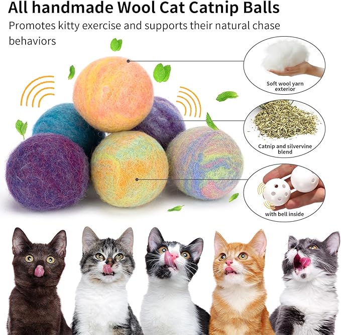 Retro Shaw Cat Toys Balls,Catnip Ball with Bell Inside,Wool Balls Toy with SilverVine Catnip Fill, Upgraded,Interactive Cat Nip Ball for Indoor Kitten Kitty 6 Pcs
