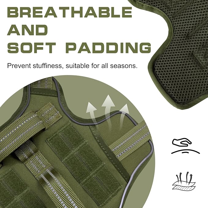 Dog Harness for Large Dogs Heavy Duty, Tactical No Pull Dog Harness with Molle System, Easy On and Off Service Dog Vest, Breathable Padded, Adjustable Reflective Pet Vest for Walking Hiking Training