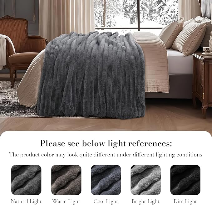 Amélie Home Faux Fur Throw Blanket for Couch, Ultra Cozy Fuzzy Fluffy Fur Luxurious Soft Striped Plush Gift Blankets for Family Sofa Chair Bedroom, 55"x70", Cationic Wolf Gray