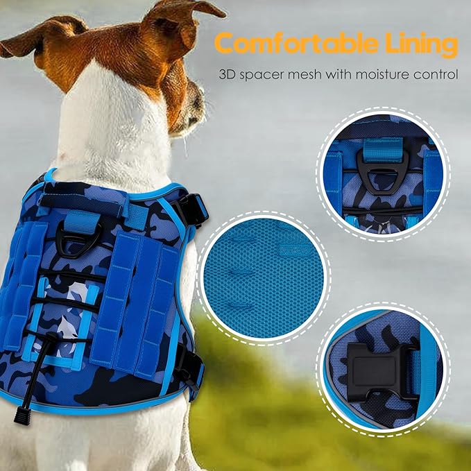 Heavy-Duty Tactical Dog Harness for Large Dogs, No Pull Adjustable Reflective Pet Vest with Molle System, K9 Military-Grade Control for Service Training, Outdoor & 10+ Breeds, Blue Camo, Large