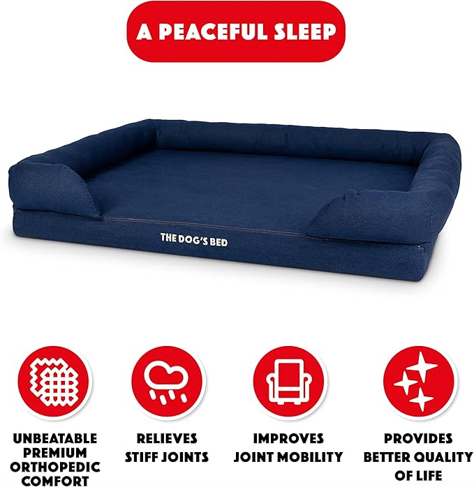 The Dog’s Bed, XXL Blue Denim, Memory Foam, Pain Relief: Arthritis, Hip & Elbow Dysplasia, Post Surgery, Lameness, Supportive, Calming, Waterproof Washable Cover