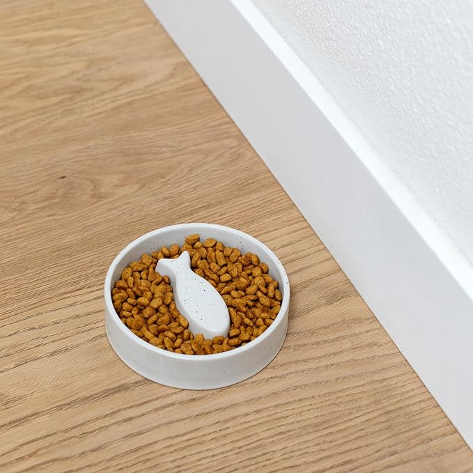 Fringe Studio Speckled Fish Bone Small Ceramic Cat Bowl, Slow Feeder Pet Bowl (5" Diameter x 1.25" H, 5.5 fl.oz.), PetShop Collection (780SM001)