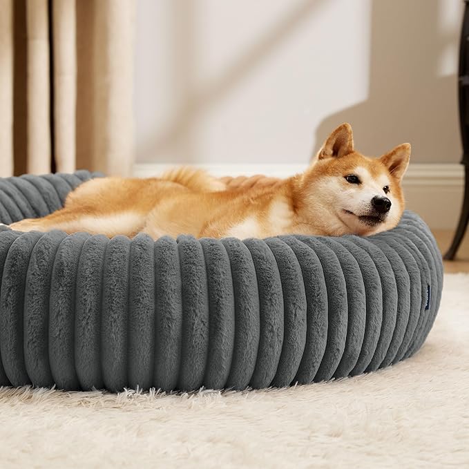 Bedsure Donut Large Dog Bed - Washable Faux Fur with Corduroy Fleece & Anti Slip Bottom, Round Pet Bed with Removable Cover, Warm Grey, 36x36x8 inches