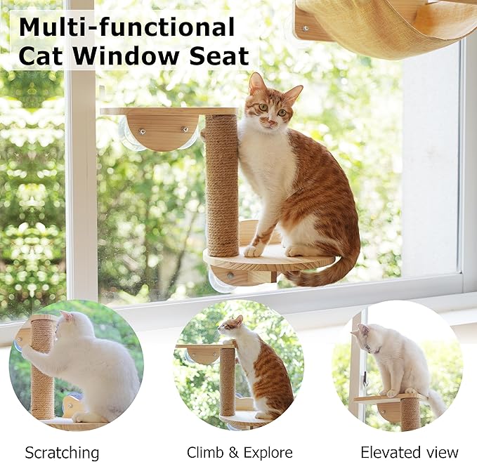 Cat Window Hammock Bed 4pcs/Set Cat Window Perch for Indoor Cats Seat with Two Shelves and One Scratching Post Sunction Cup Mounted