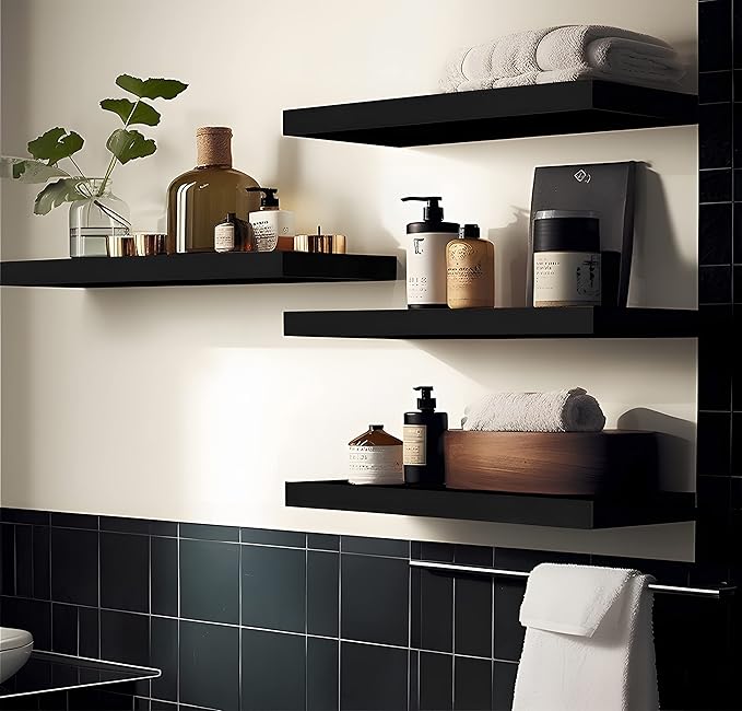 Black Wood Floating Shelves for Wall Rustic Wall Shelf for Bedroom Living Room Set of 4