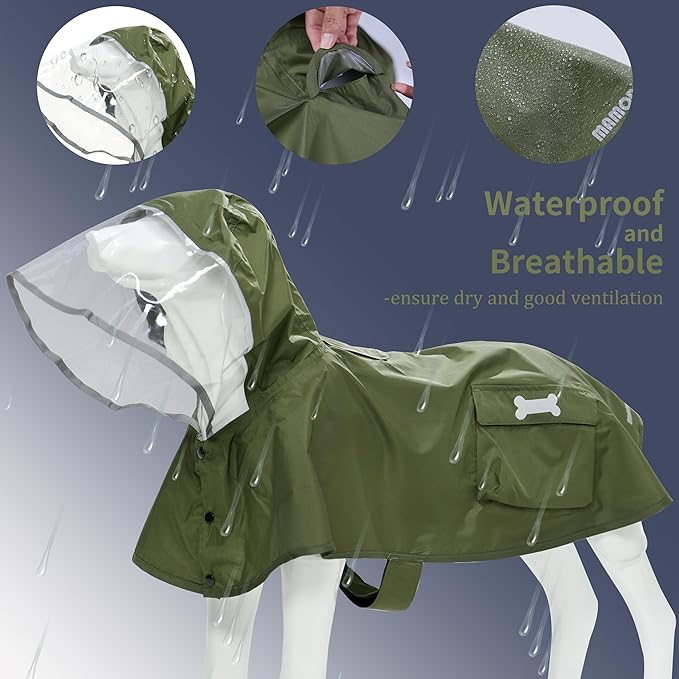 Waterproof Dog Raincoat, Adjustable Reflective Lightweight Pet Rain Clothes with Poncho Hood (Army Green, Small)