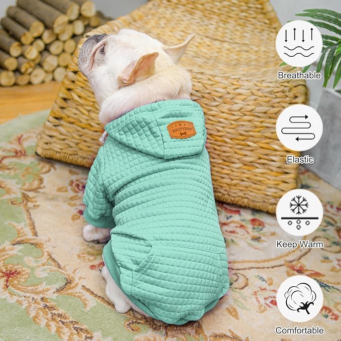 BEAUTYZOO Medium Dog Hoodie Sweater with Pockets, Dog Clothes for Small Medium Dogs Boy Girl, Waffle-Like Laminated Cotton Pet Coats with Hat and Leash Hole, Mint Green XL