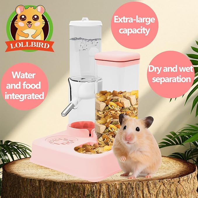 2-in-1 Hamster Water Bottle & Enhanced Food Dispenser - 35% Larger Food Capacity, Leak-Proof Design for Glass Tanks/Wire Cages Small Animal Accessories (Pink, 4.9IN+5.1IN+5.7)