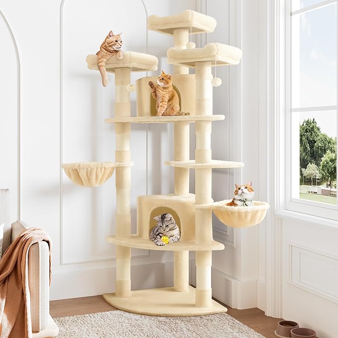 Allewie 73in Fan-Shaped Space-Saving Corner Cat Tower/Multi-Level Tall Cat Tree for Indoor Kitties/Cozy Baskets/Condos/House/Perches/Sisal Scratching Posts/Pet Activity Center/Beige