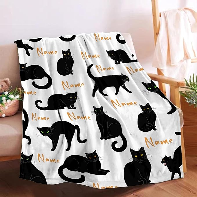 RAMEN BLANKET Custom Black Cats Blanket Throw Super Soft and Cozy Blankets for Home Decoration, Couch, Bed, Sofa 120 in x 90 in Extra Large for Family for All Seasons