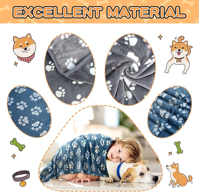 Rezutan Dog Blankets for Medium Pet, 3 Pack Blanket Fuzzy Cat Blankets Washable, Soft Comfort Flannel, Reversible Dog Paw Print, Gifts Puppy Essentials, 30 x 20 inch, 2Blue & 1Gray