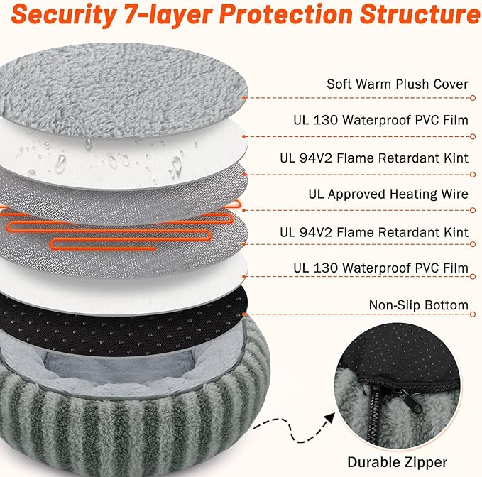 Toove Heated Cat Bed Indoor - 20" Heating Donut Pet Bed for Cats and Small Dogs, Ultra Soft & Cozy Sleeping Cat Beds, Machine Washable, Waterproof & Safe Warming with Timer and Temperature Control