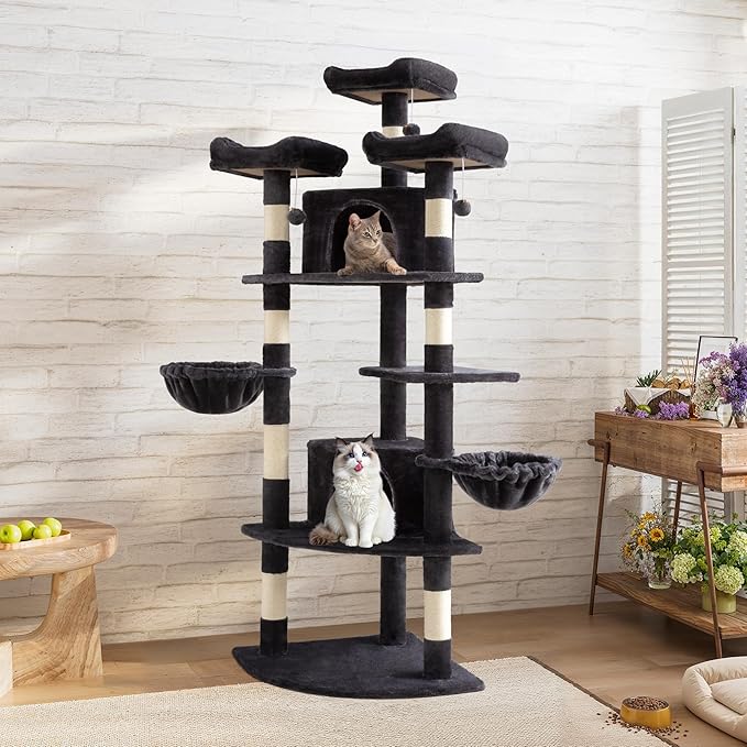 SHA CERLIN 73in Fan-Shaped Corner Cat Tower for Save Space/Multi-Level Tall Cat Tree for Indoor Kitties/Condo with Baskets/Cozy Perches/Sisal Scratching Posts/Pet Activity House/Dark Grey