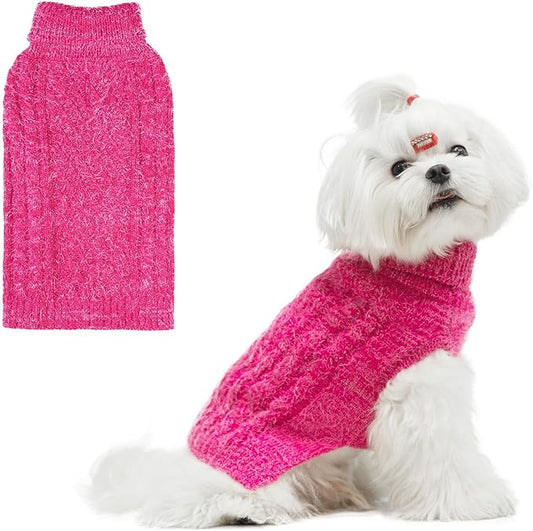 Turtleneck Small Dog Sweaters - Classic Cable Knitwear Winter Coat for Small Medium Dogs Male Female Puppy Dog Cold Weather Clothes Girls Boys, Hot Pink, S/M