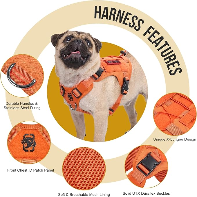 OneTigris Tactical Dog Harness Vest,No-Pull Service Dog Vest with Hook & Loop Panels,Adjustable Dog Vest Harness for Walking Hiking Training(Orange,S)