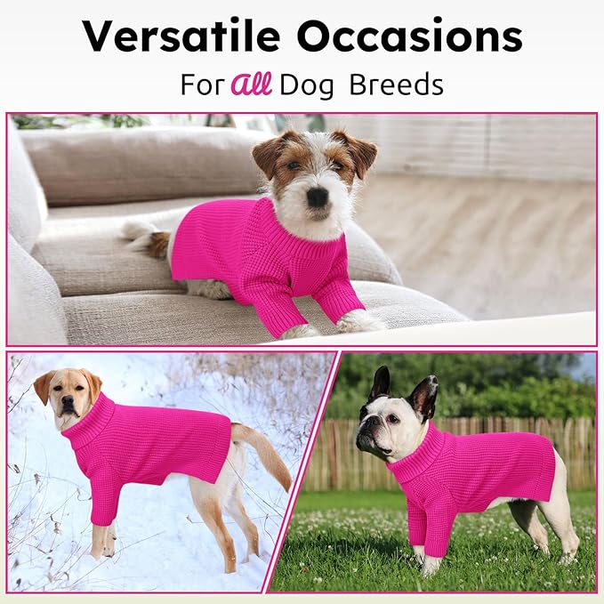 Queenmore XXL Dog Sweater, Large Dog Sweaters for Male Dogs, Turtleneck Plaid Kintsweaters for Large Breeds, Cold Weather Pullover Pet Clothes, Fuchsia 2XL