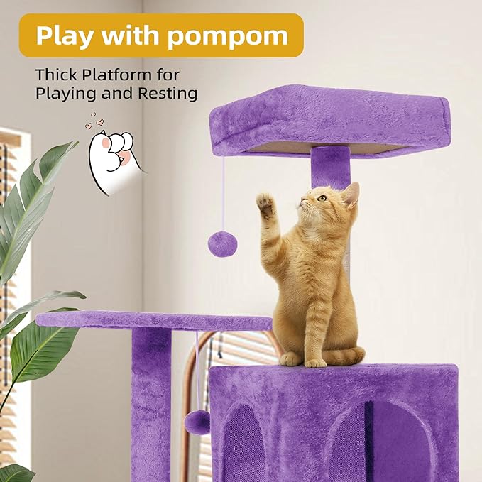 Cat Tree, 54-Inch Cat Tower for Indoor Cats,Plush Multi-Level Cat Condo with Scratching Posts, Basket, Perches,2 Caves,2 Pompoms(Purple)