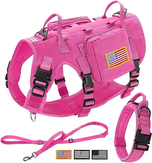Forestpaw Pink Tactical Dog Harness for Large Dogs,Tactical Dog Collar with Bungee Leash Set,No Pull Military Dog Harness for Walking Training,Adjustable for Medium Large Dogs,Chest 15.5-25.5"