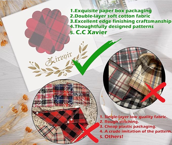 5PCS Dog Bandanas with Button - Thick Triangle Bibs Dual Layer Soft Cotton Scarves for Small Medium Boy Girl Puppy Cat Pet Baby Square Plaid Printing Washable Kerchief Halloween Costumes Outfits