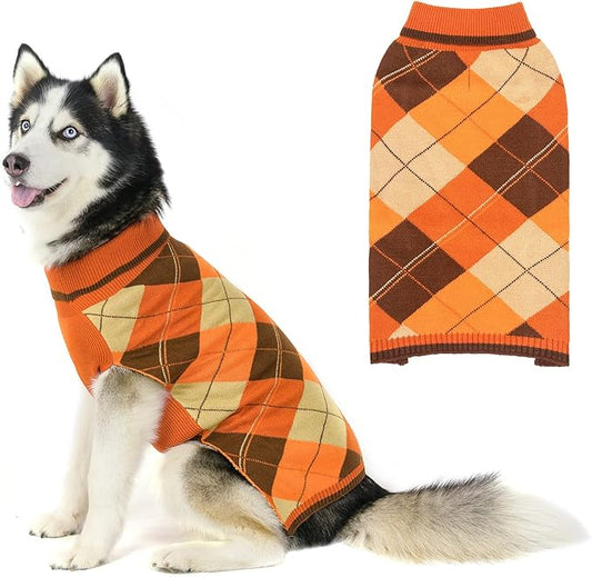 KOOLTAIL Fall Dog Sweater Pet Knitted Clothes - Classic Plaid Pullover Turtleneck Thanksgiving Dog Sweaters with Leash Hole, Thick Cold Weather Pet Outfits for Small Medium Large Dogs Cats Puppy L