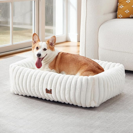 Orthopedic Dog Bed for Small Medium Dogs - Washable Rectangle Corduroy Fleece Pet Bed with Removable Cover and Nonskid Bottom, Calming Puppy Bed Soft Pet Sofa, Cream(30x24x8inchs)