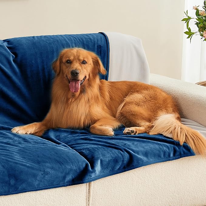 Waterproof Blanket 40"x60" for Adults, Reversible Waterproof Bed Cover for Dogs Cats Pets, Soft Leakproof Blanket for Bed Couch Sofa Furniture Protector, Navy Blue/Light Grey