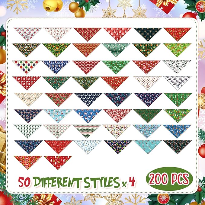 Kacctyen 200 Pcs Christmas Dog Bandana Bulk for Groomers Winter Holiday Triangle Bandanas with Christmas Patterns Soft and Adjustable Kerchief Scarf for Small Medium Large Dogs Cats Pets Grooming