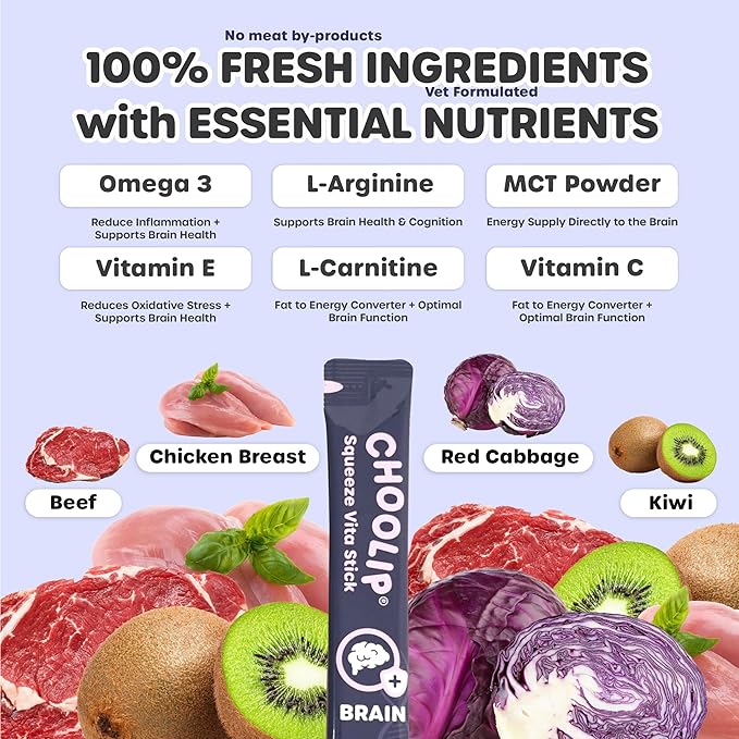 Choolip Squeeze Vita Stick Lickable Cat and Dog Treats – 49-Count Brain Support Sticks with Multivitamins, Soft Squeezable Paste for All Life Stages, Supporting Brain Health