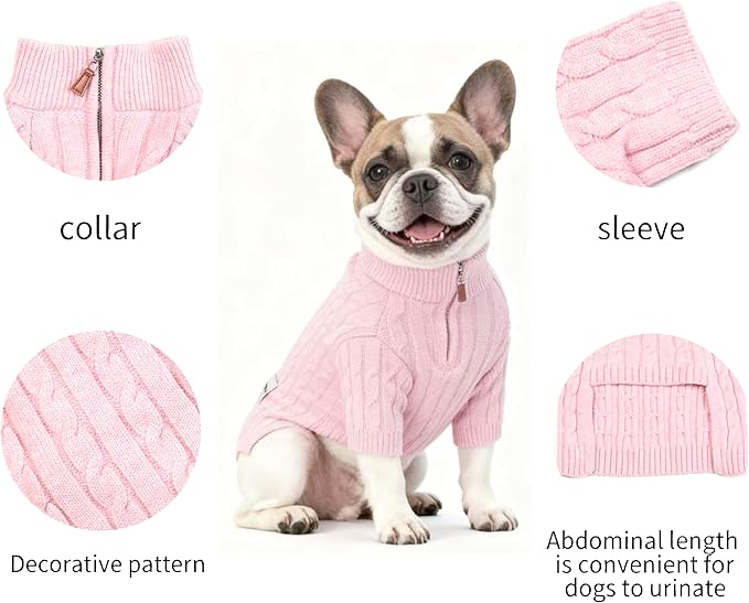 Medium/Large Dog Sweater, Warm Dog Winter Coat w/Sleeves, Comfortable High Neck Premium Dog Clothes for Bulldog-Best for Holidays, Daily Walks L Pink