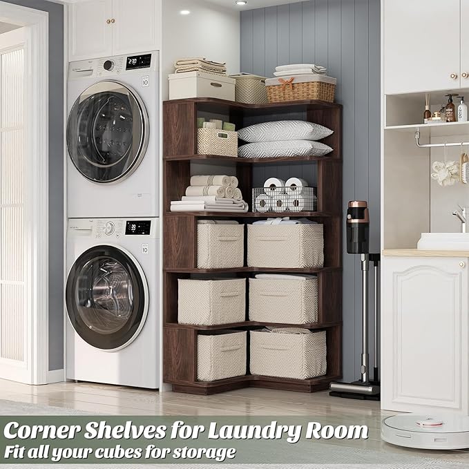 Armocity Corner Book Shelf - 6 Tier Corner Bookshelf Etagere Bookcase with Baffle, Freestanding L Shaped Display Shelf Stand for Home Office, Living Room, Bedroom, Kitchen, Black Walnut