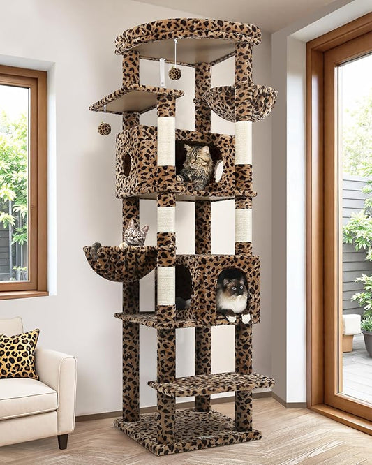 Globlazer Heavy Duty Cat Tree, 74inch Sturdy Cat Tower for Large Cats Adult, Big Cat Tree with 5 Sisal Scratching Posts, 2 Padded Cat Condos, 2 Hanging Baskets, Enlarged Top Perch, S74, Leopard Print